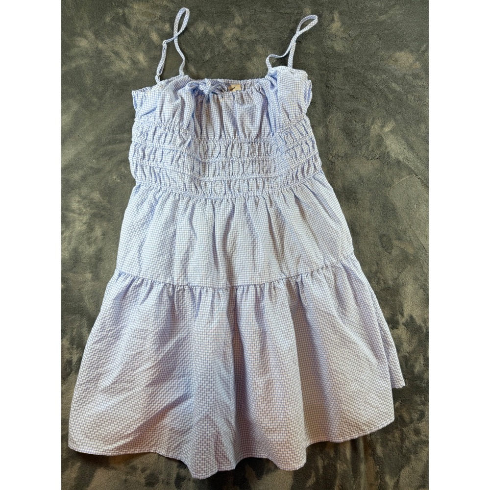 Passport Blue Gingham Tiered Smocked Mini Dress Women's XL Lace Up Front